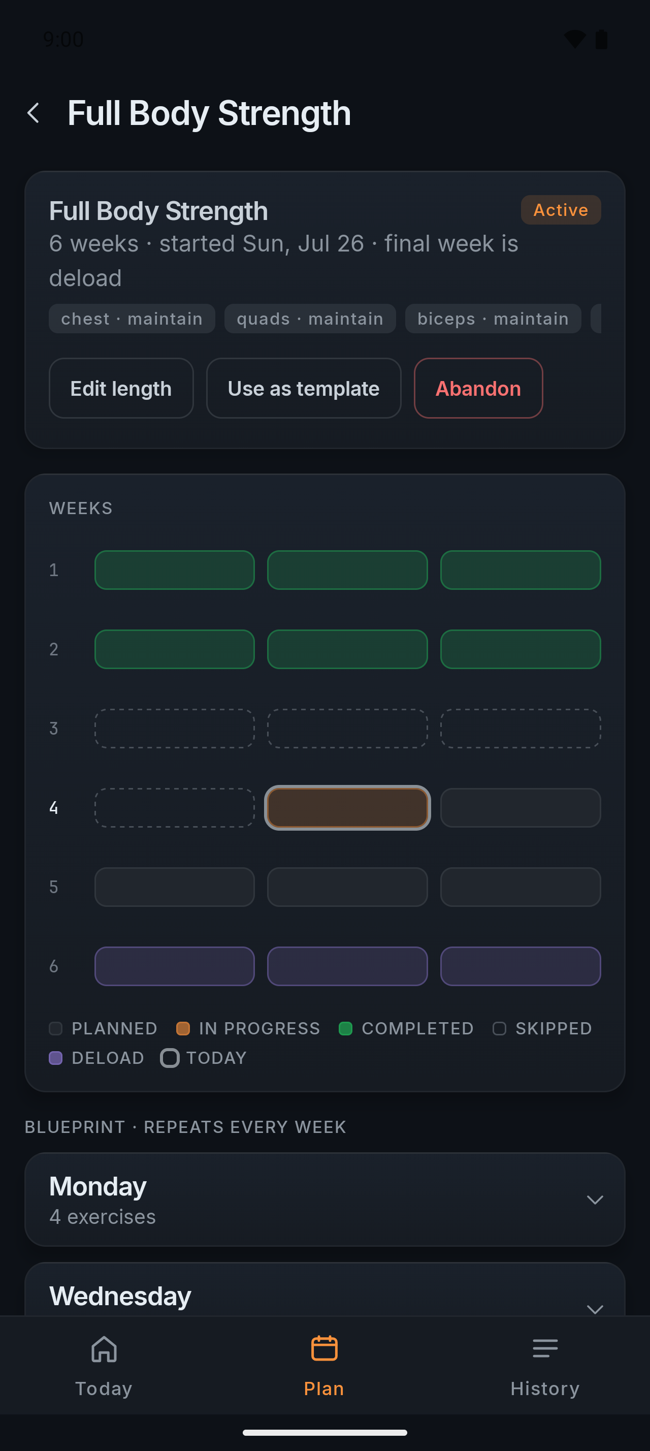 The Full Body Strength week grid: six weeks of sessions, completed weeks in green, today in progress in orange, and the final deload week in violet