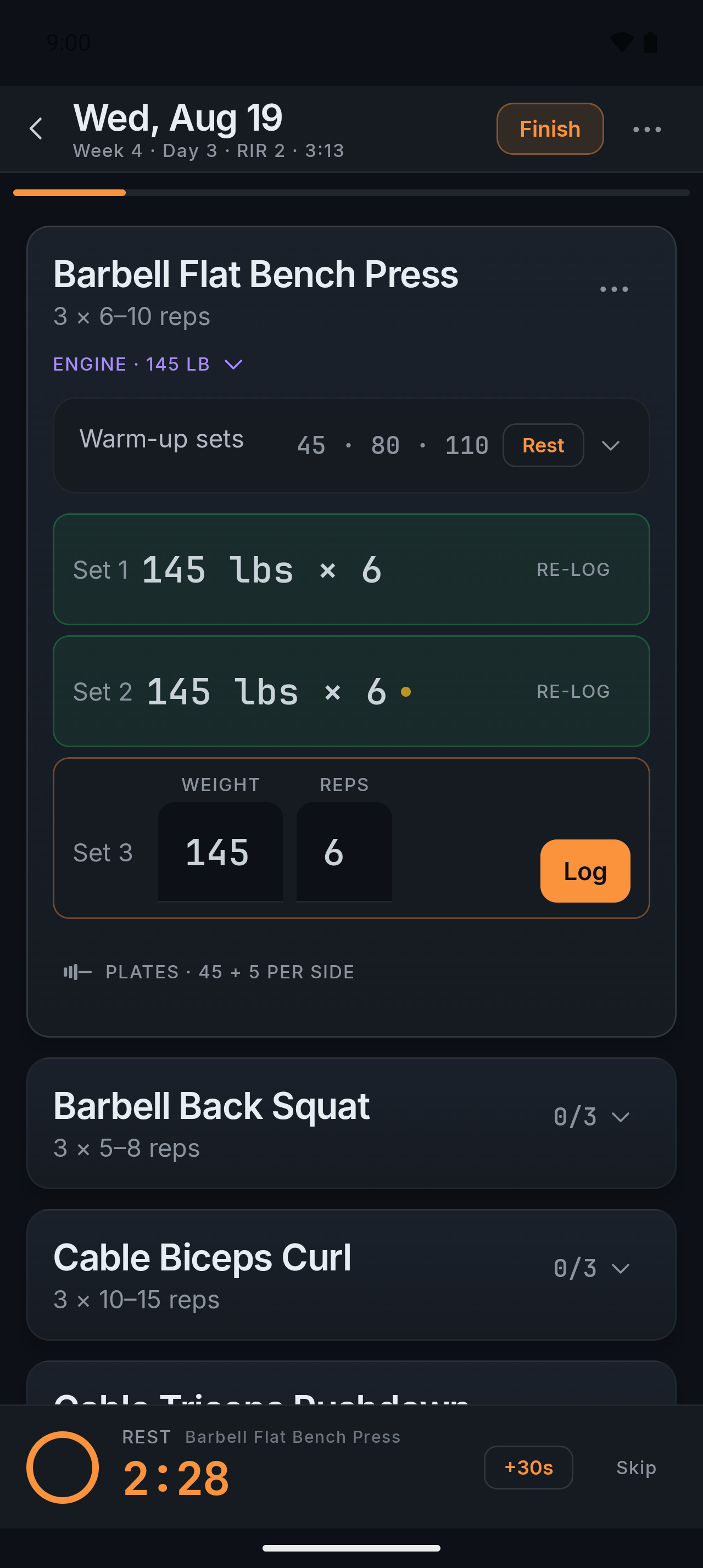 ThreeByEight session screen: Wed Aug 19, week 4 day 3 RIR 2, bench press sets logged at 145 lbs, warm-up ramp and plate math, with a 2:28 rest timer running